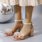 Summer Women's Pearl Flower Block Heel Sandals