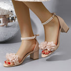 Summer Women's Pearl Flower Block Heel Sandals