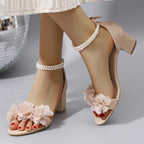 Summer Women's Pearl Flower Block Heel Sandals