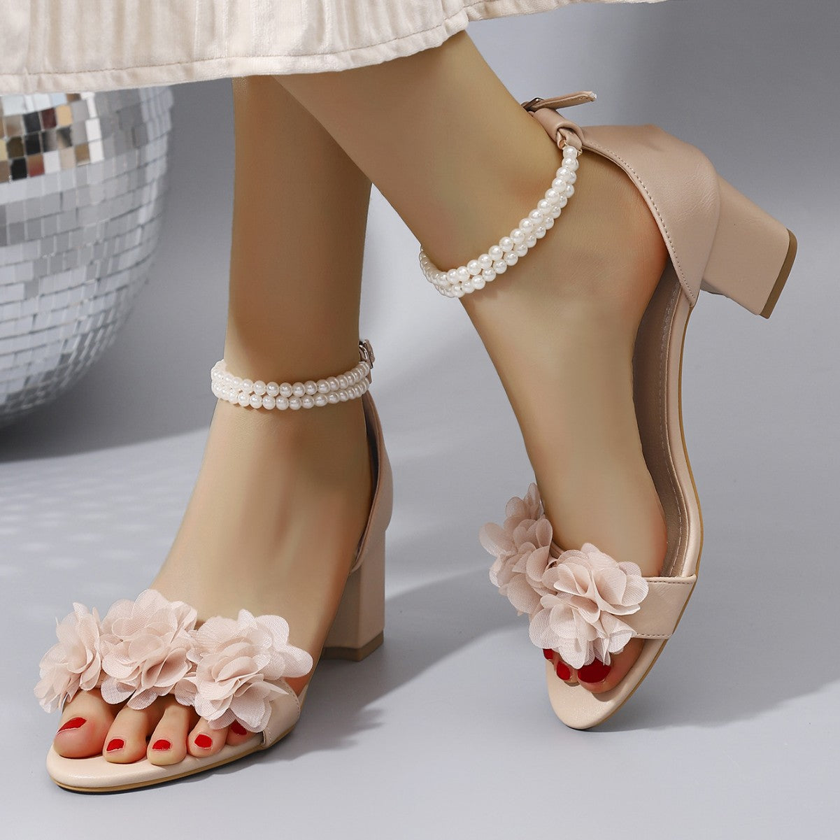 Summer Women's Pearl Flower Block Heel Sandals