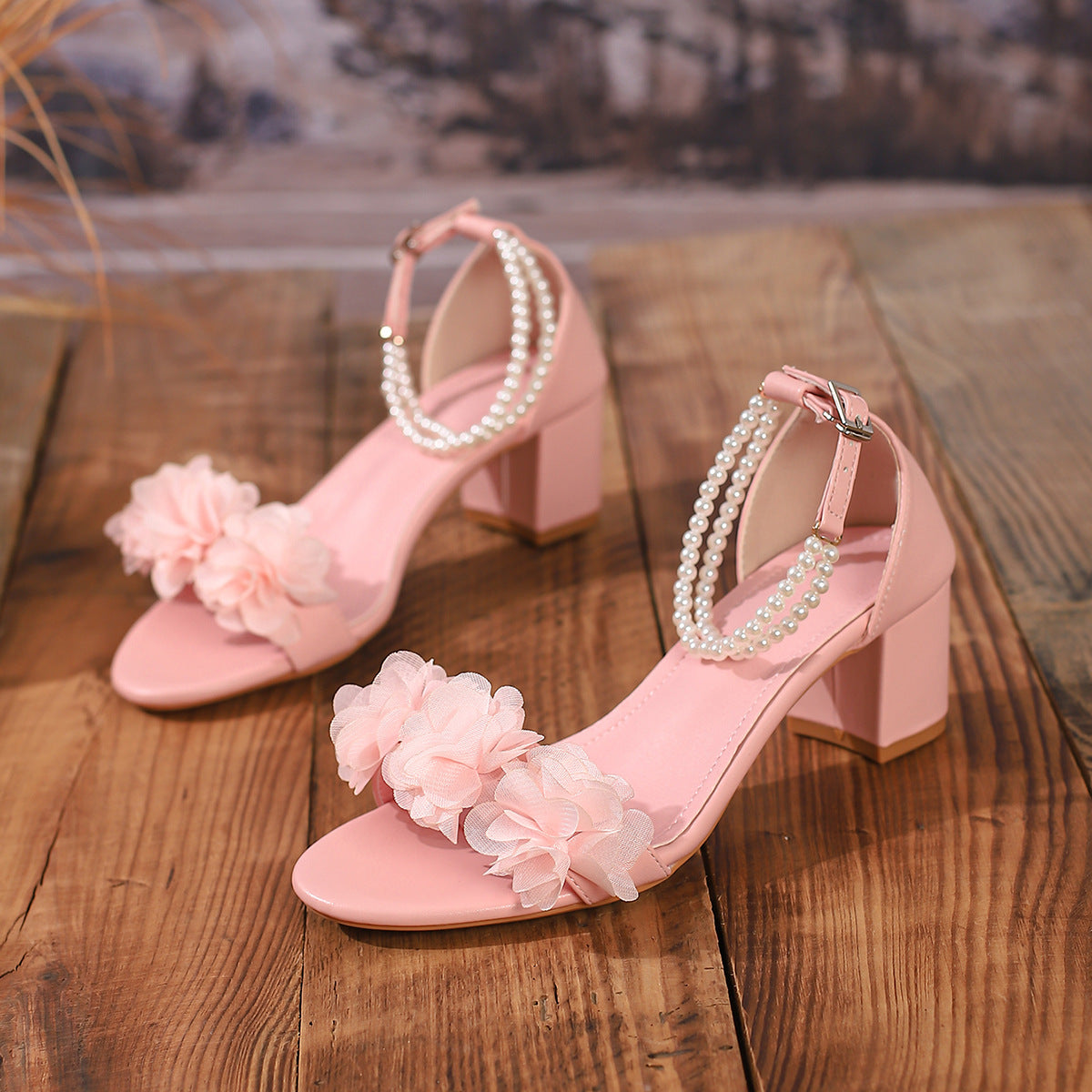 Women's 5.5cm thick heel pink sandals