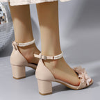 Summer Women's Pearl Flower Block Heel Sandals