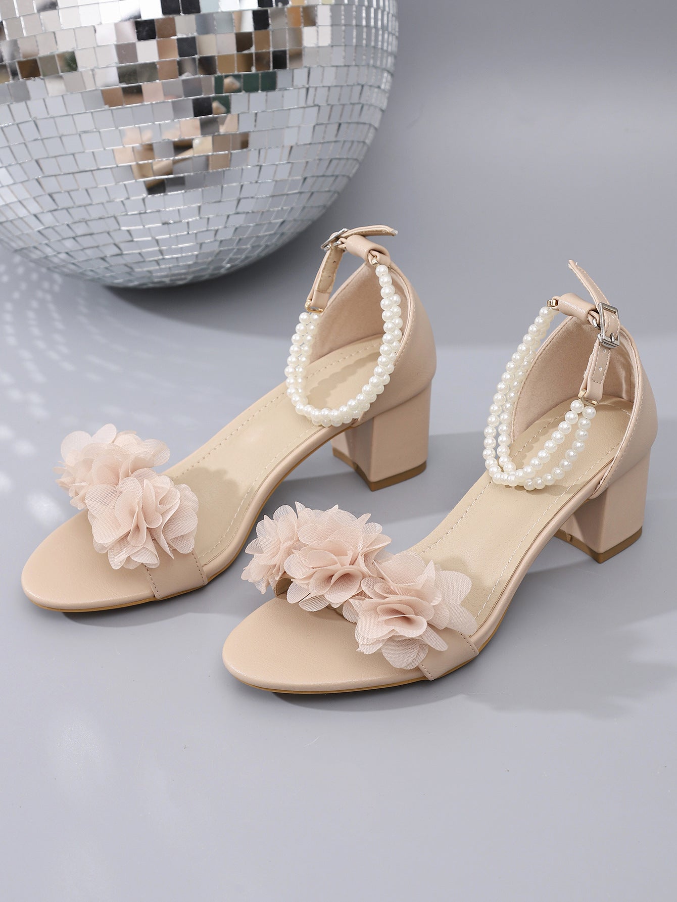 Summer Women's Pearl Flower Block Heel Sandals