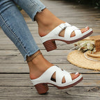 New Summer Cross-Strap Buckle Block-Heel Sandals
