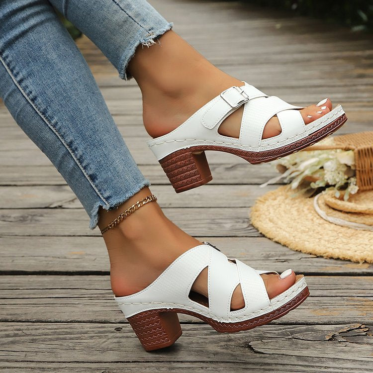 New Summer Cross-Strap Buckle Block-Heel Sandals