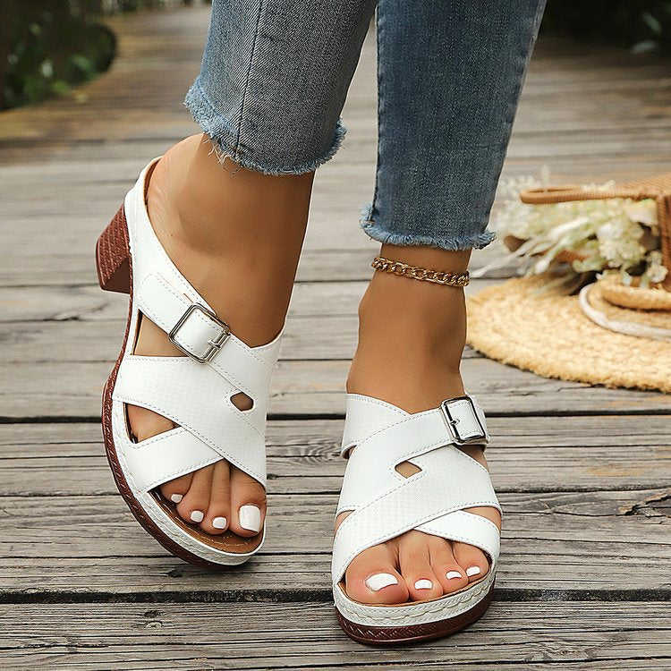 New Summer Cross-Strap Buckle Block-Heel Sandals
